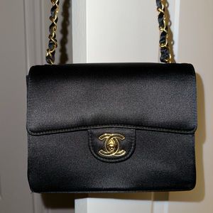 Gorgeous Chanel Evening Bag in Satin.  Black and Gold.